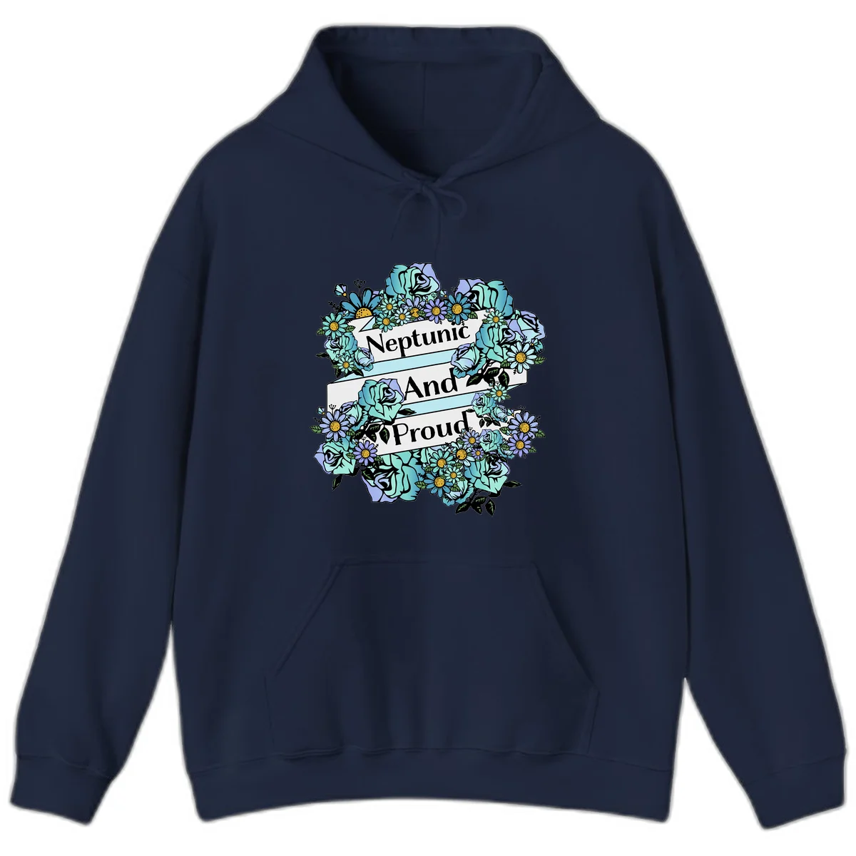Neptunic pride design: turquoise and purple roses and daisies frame three white ribbons reading 'Neptunic And Proud' in bold text in Navy
