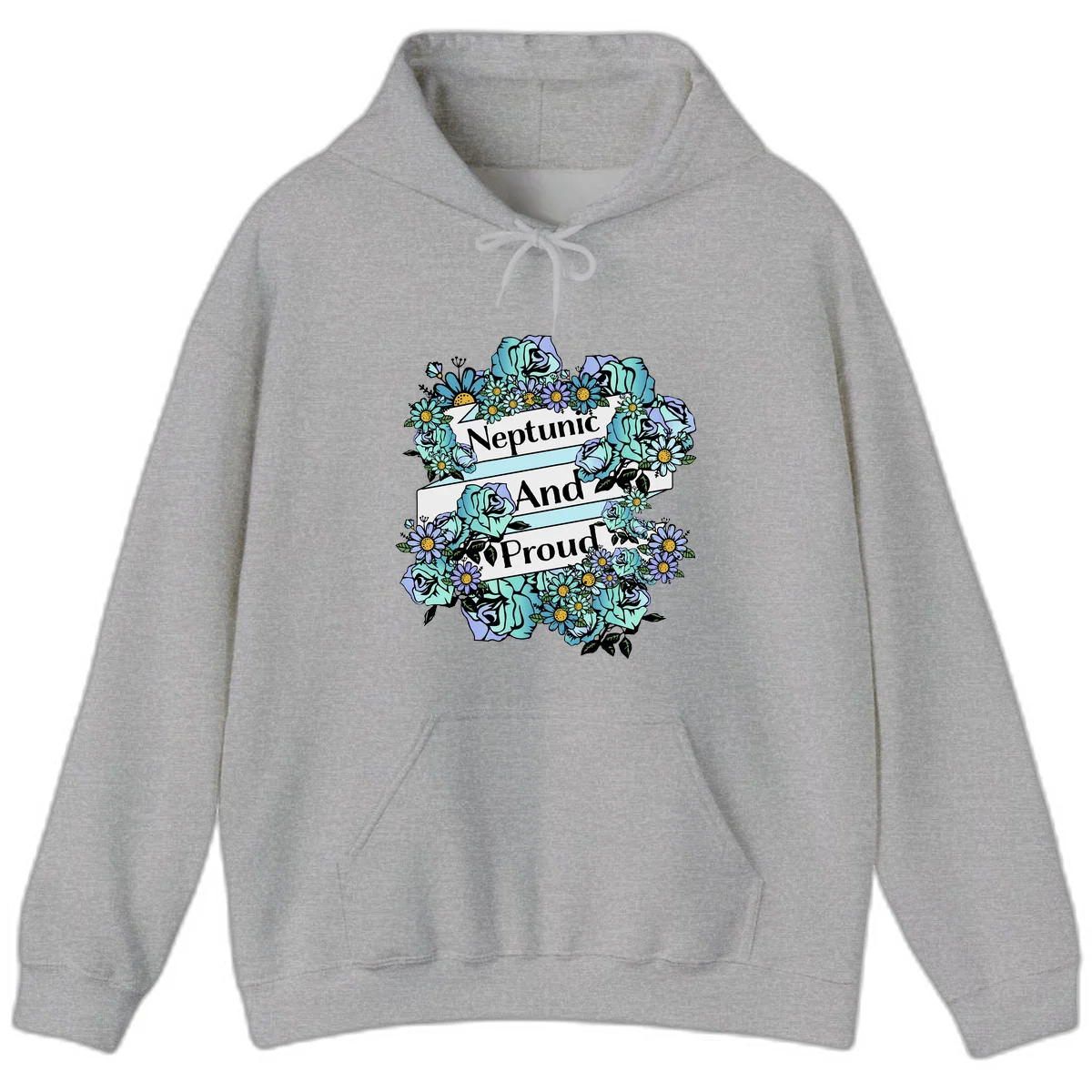 Neptunic pride design: turquoise and purple roses and daisies frame three white ribbons reading 'Neptunic And Proud' in bold text in Sport Grey