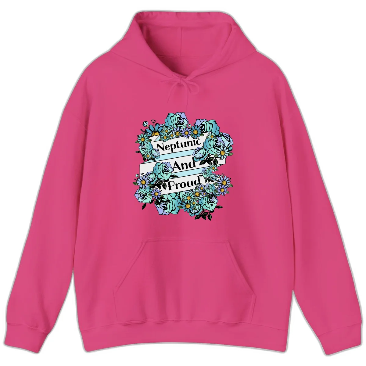 Neptunic pride design: turquoise and purple roses and daisies frame three white ribbons reading 'Neptunic And Proud' in bold text in Heliconia