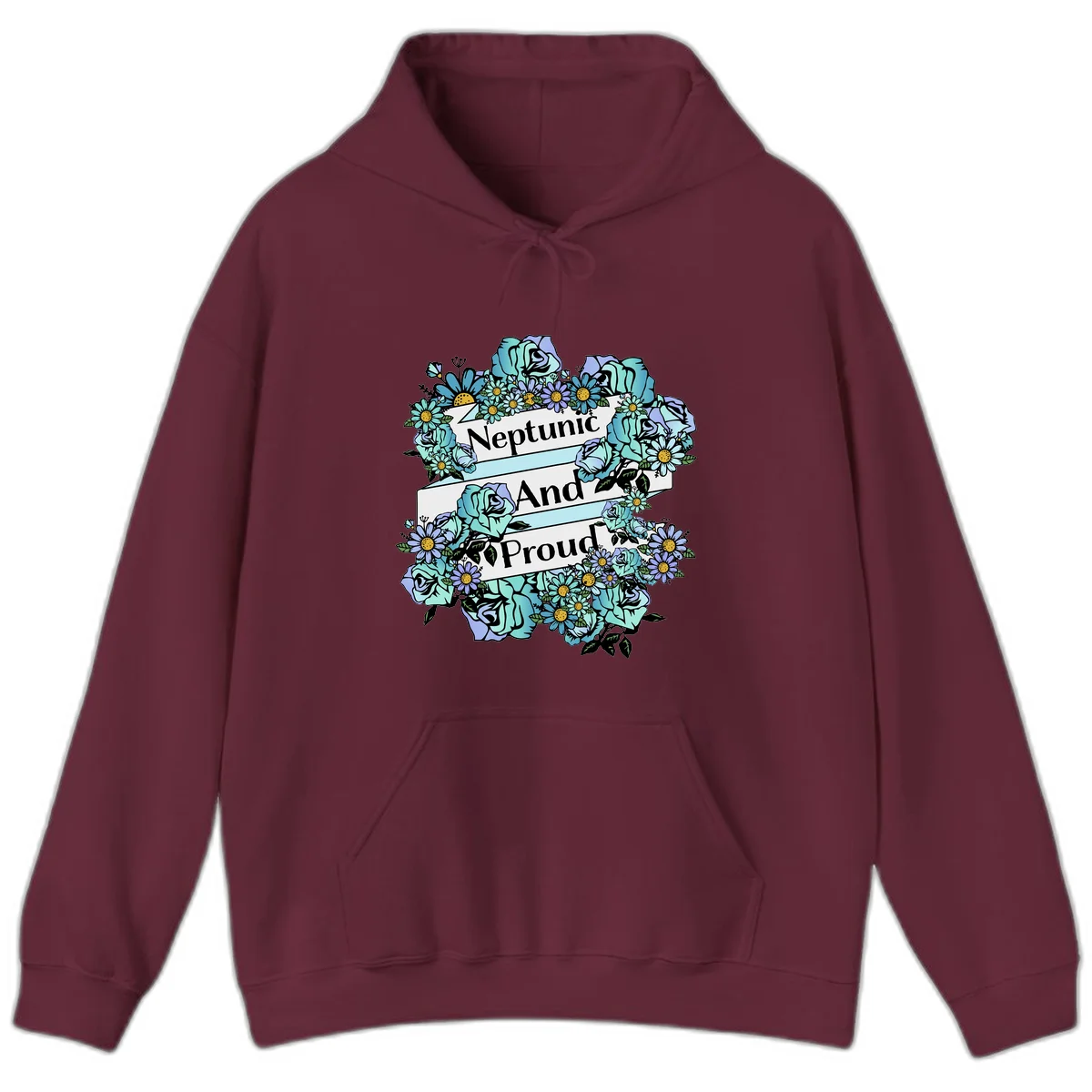 Neptunic pride design: turquoise and purple roses and daisies frame three white ribbons reading 'Neptunic And Proud' in bold text in Maroon