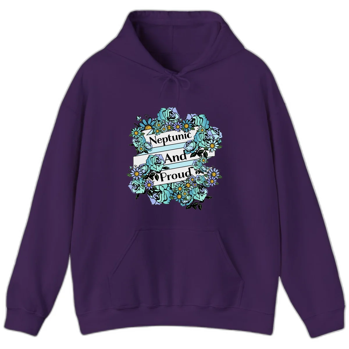 Neptunic pride design: turquoise and purple roses and daisies frame three white ribbons reading 'Neptunic And Proud' in bold text in Purple