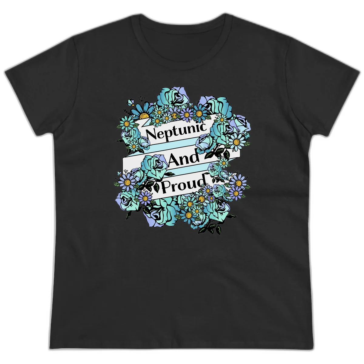 Neptunic pride design: turquoise and purple roses and daisies frame three white ribbons reading 'Neptunic And Proud' in bold text in Black