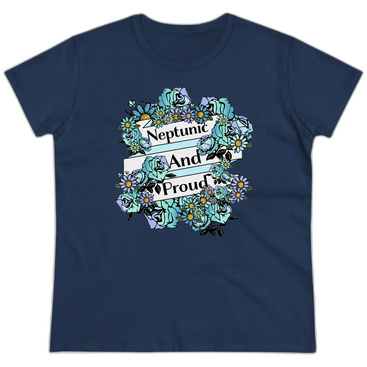 Neptunic pride design: turquoise and purple roses and daisies frame three white ribbons reading 'Neptunic And Proud' in bold text in Navy