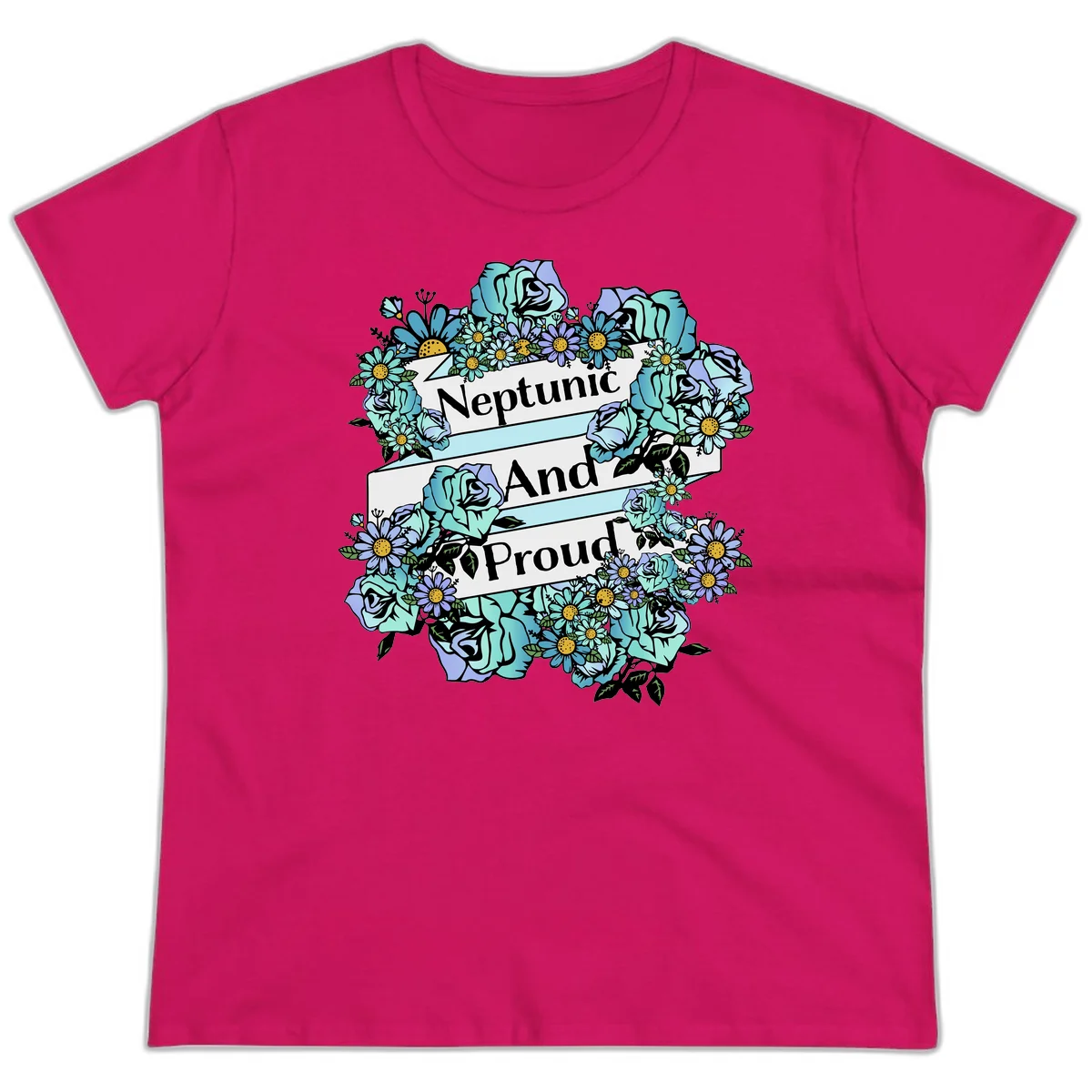 Neptunic pride design: turquoise and purple roses and daisies frame three white ribbons reading 'Neptunic And Proud' in bold text in Heliconia