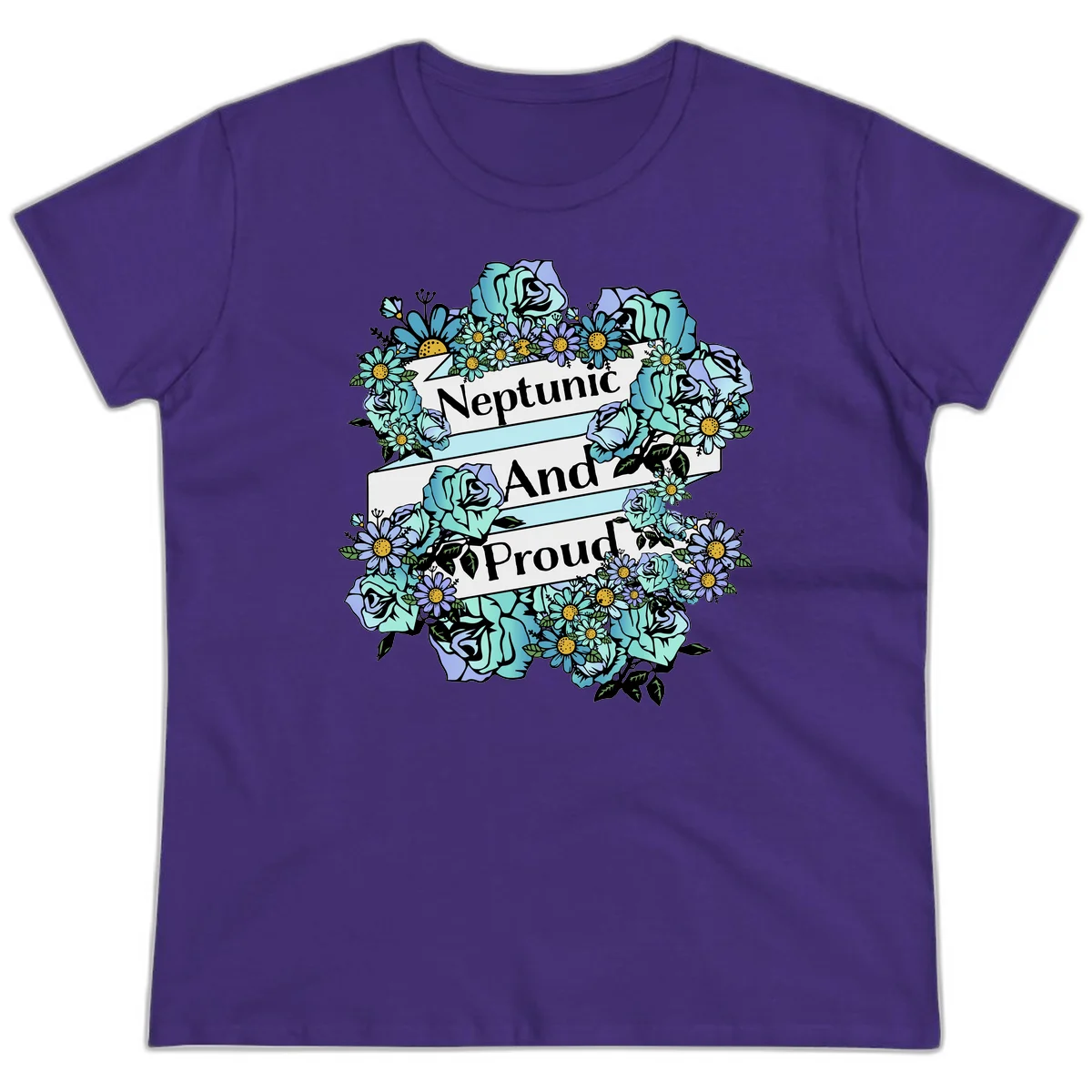 Neptunic pride design: turquoise and purple roses and daisies frame three white ribbons reading 'Neptunic And Proud' in bold text in Purple