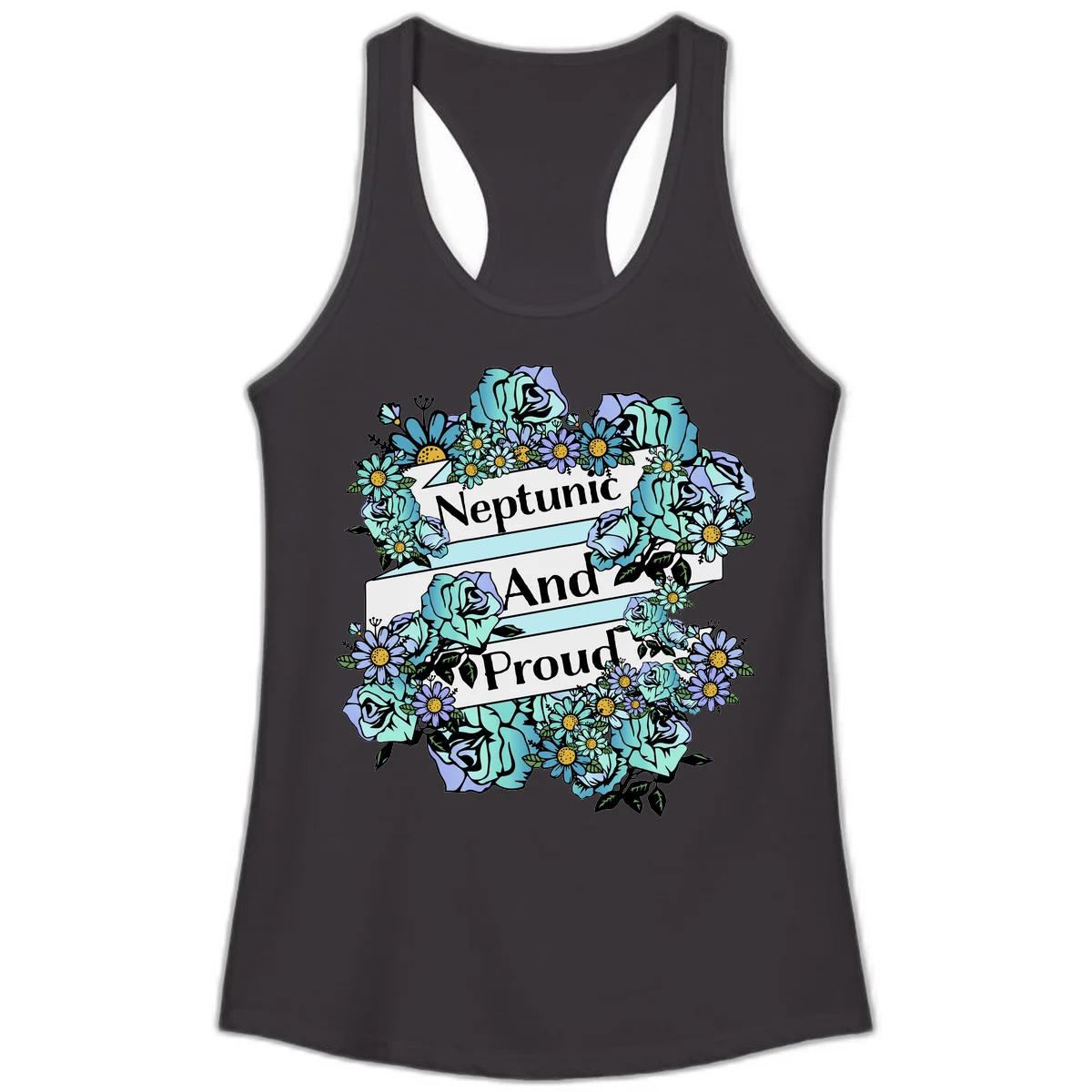 Neptunic pride design: turquoise and purple roses and daisies frame three white ribbons reading 'Neptunic And Proud' in bold text in Black