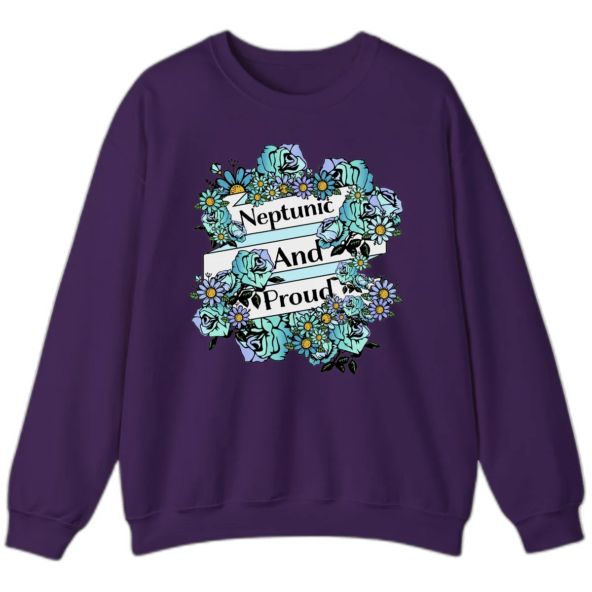 Neptunic pride design: turquoise and purple roses and daisies frame three white ribbons reading 'Neptunic And Proud' in bold text in Purple