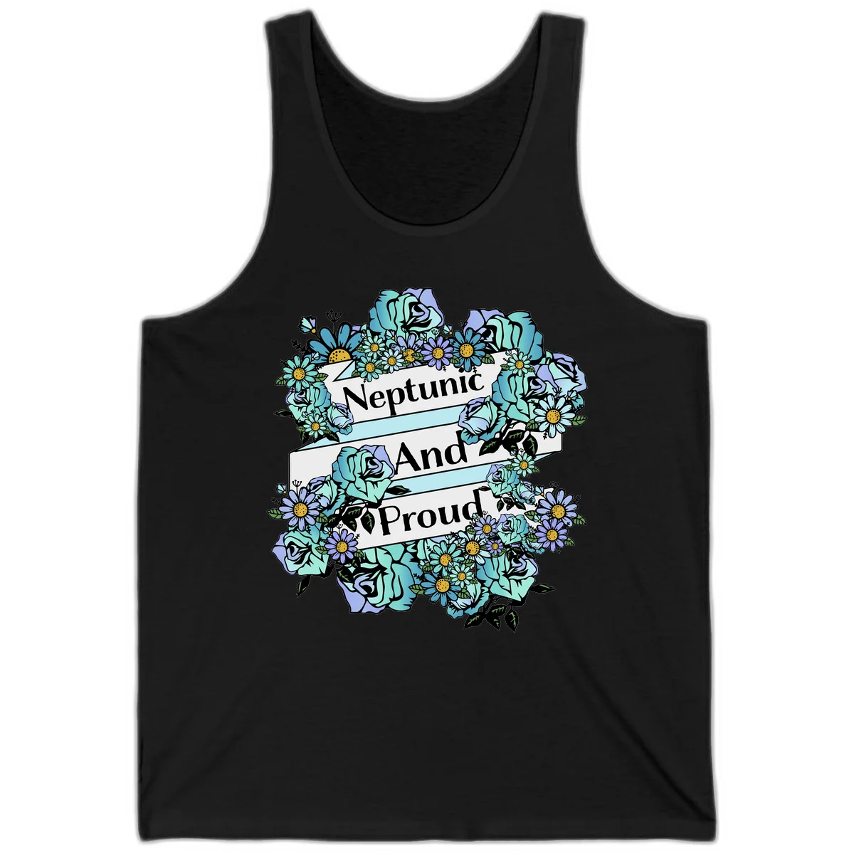 Neptunic pride design: turquoise and purple roses and daisies frame three white ribbons reading 'Neptunic And Proud' in bold text in Black