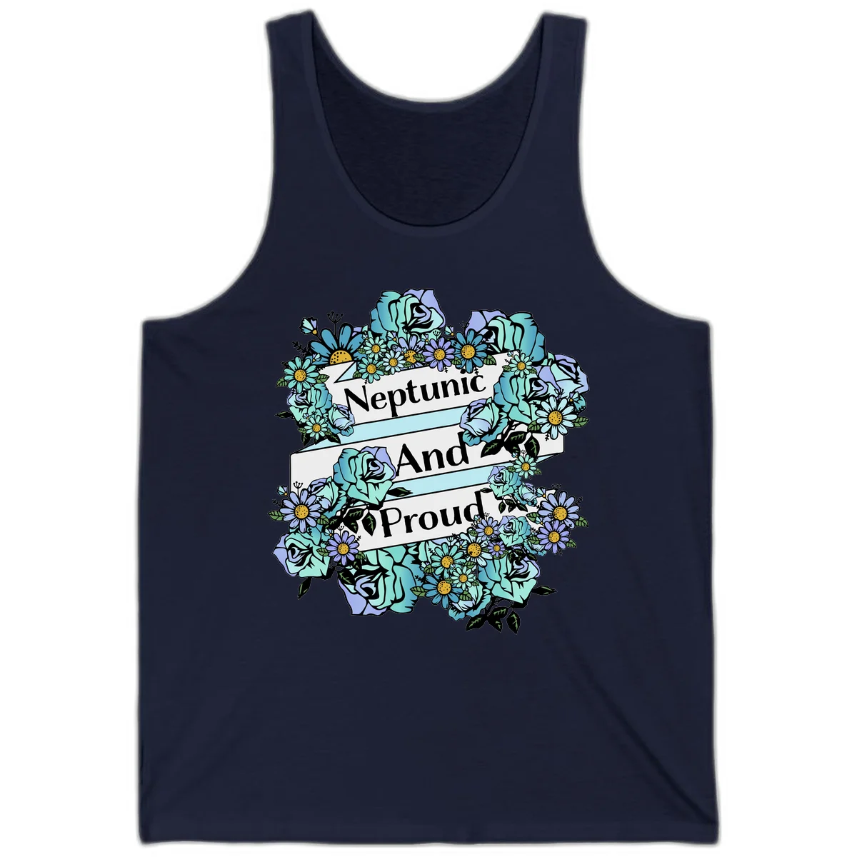 Neptunic pride design: turquoise and purple roses and daisies frame three white ribbons reading 'Neptunic And Proud' in bold text in Navy