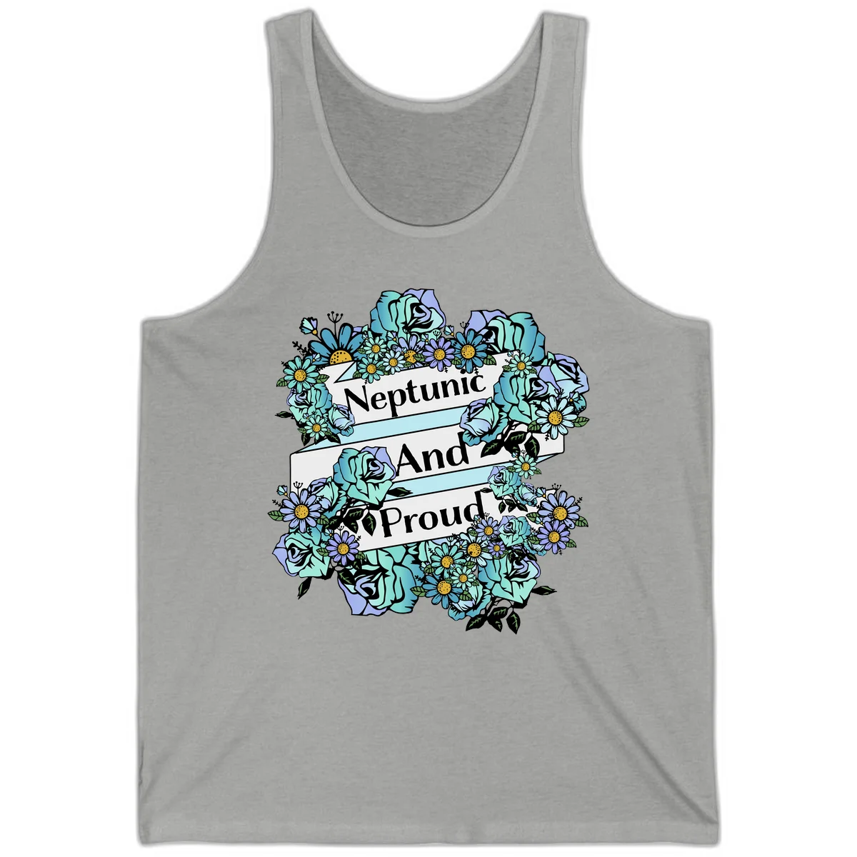 Neptunic pride design: turquoise and purple roses and daisies frame three white ribbons reading 'Neptunic And Proud' in bold text in Athletic Heather