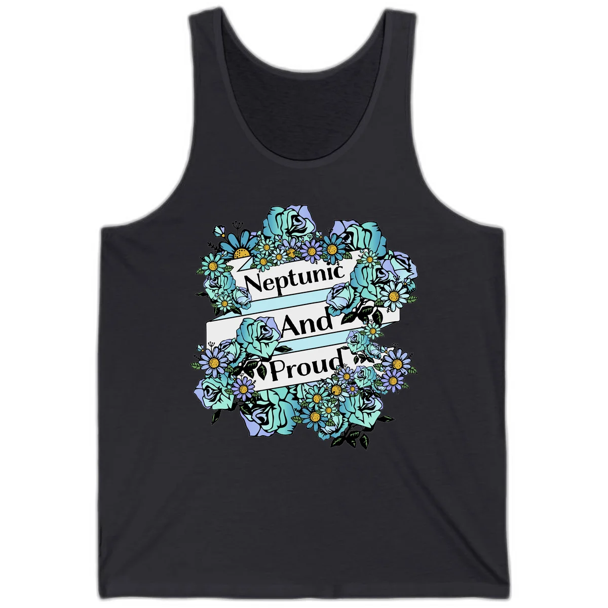 Neptunic pride design: turquoise and purple roses and daisies frame three white ribbons reading 'Neptunic And Proud' in bold text in Dark Grey
