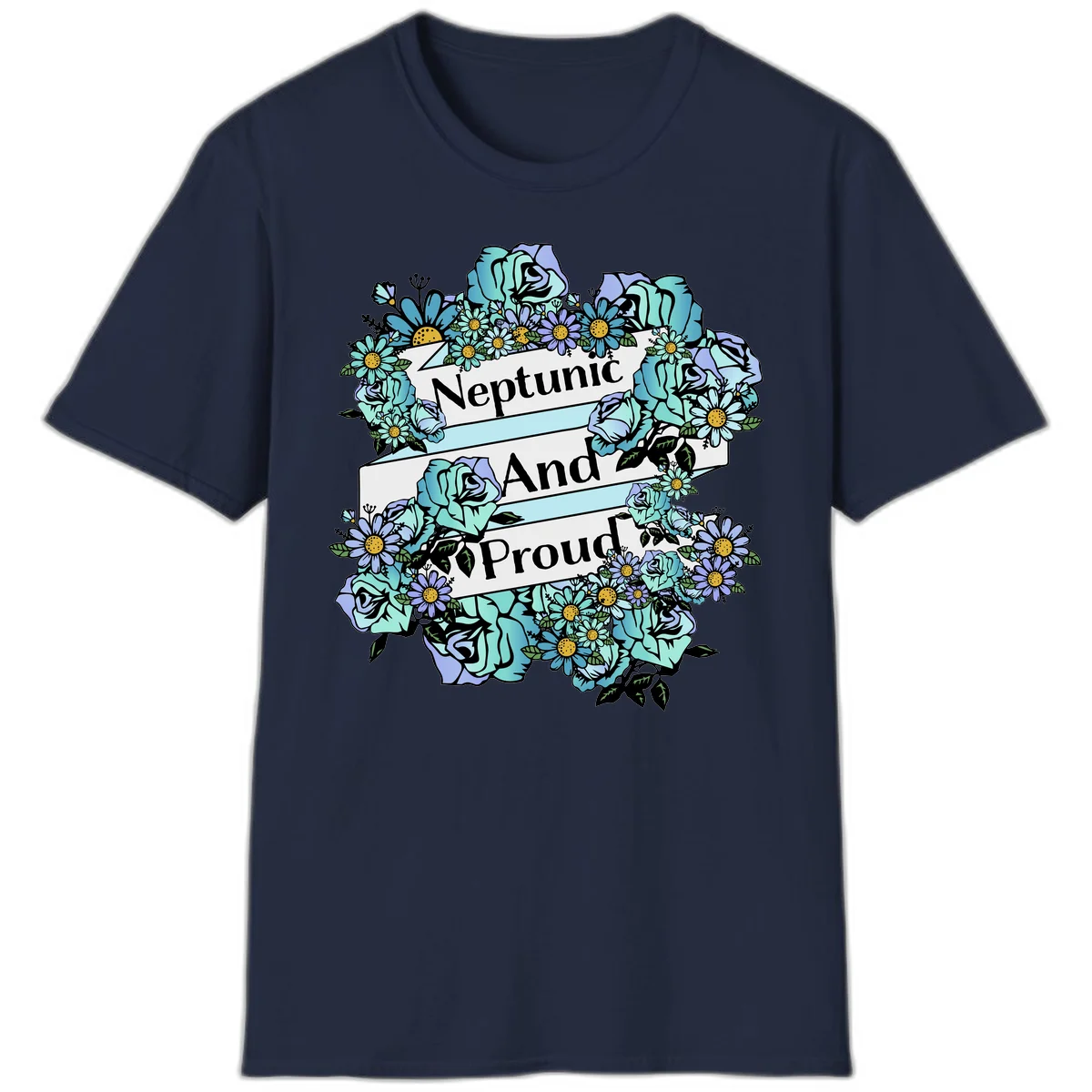 Neptunic pride design: turquoise and purple roses and daisies frame three white ribbons reading 'Neptunic And Proud' in bold text in Navy