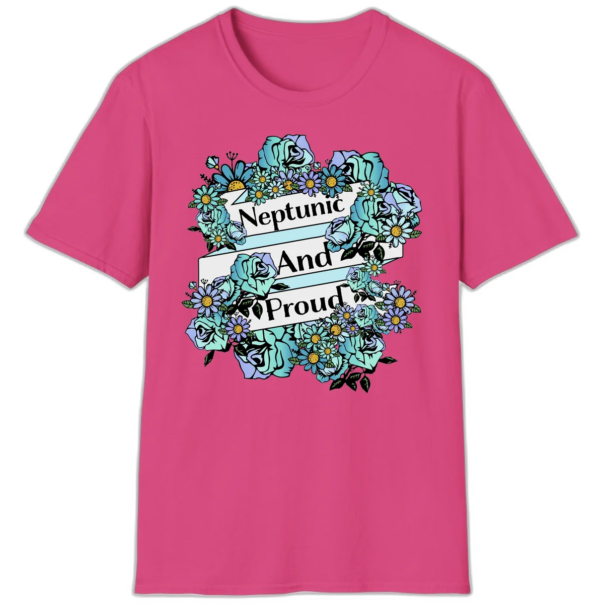 Neptunic pride design: turquoise and purple roses and daisies frame three white ribbons reading 'Neptunic And Proud' in bold text in Heliconia