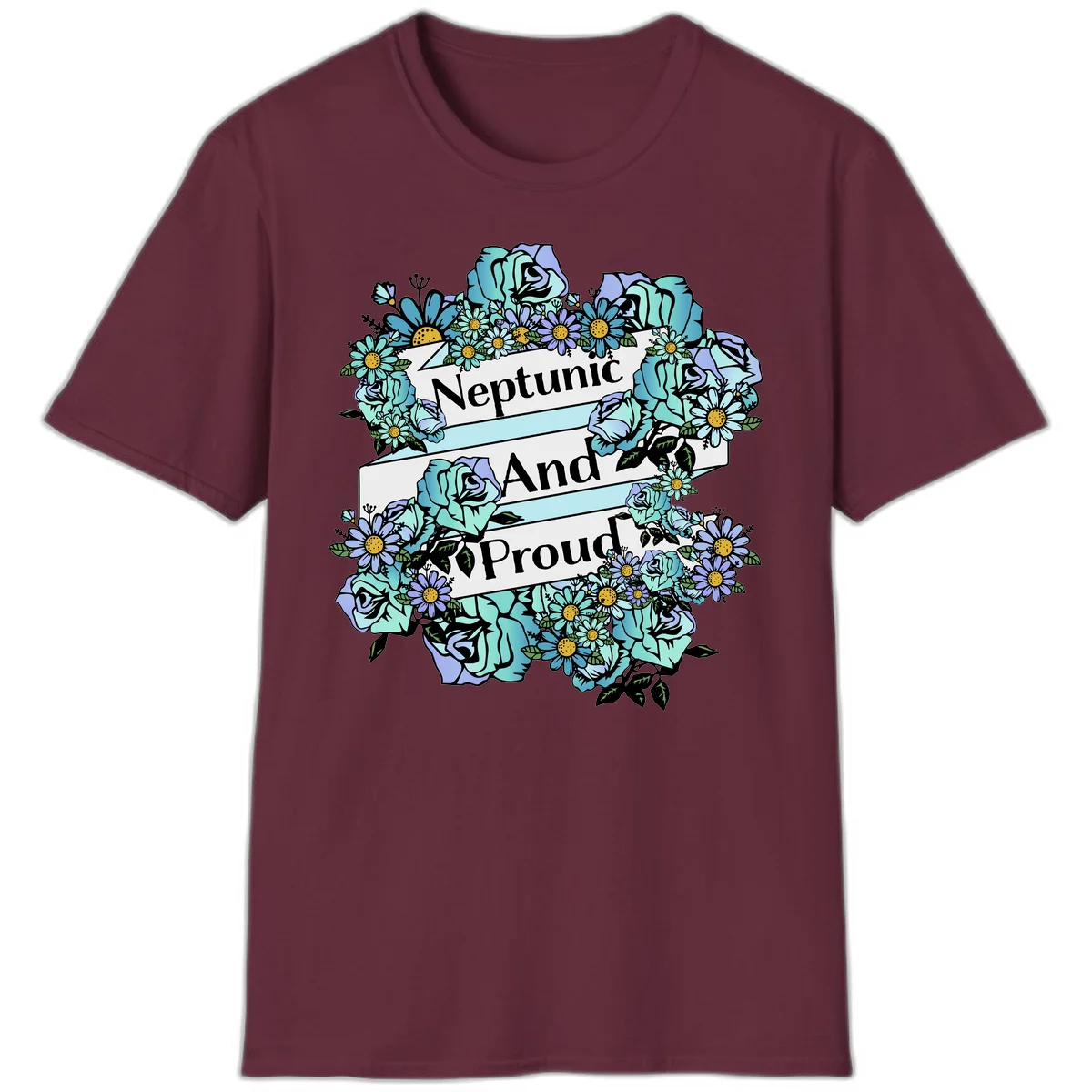 Neptunic pride design: turquoise and purple roses and daisies frame three white ribbons reading 'Neptunic And Proud' in bold text in Maroon