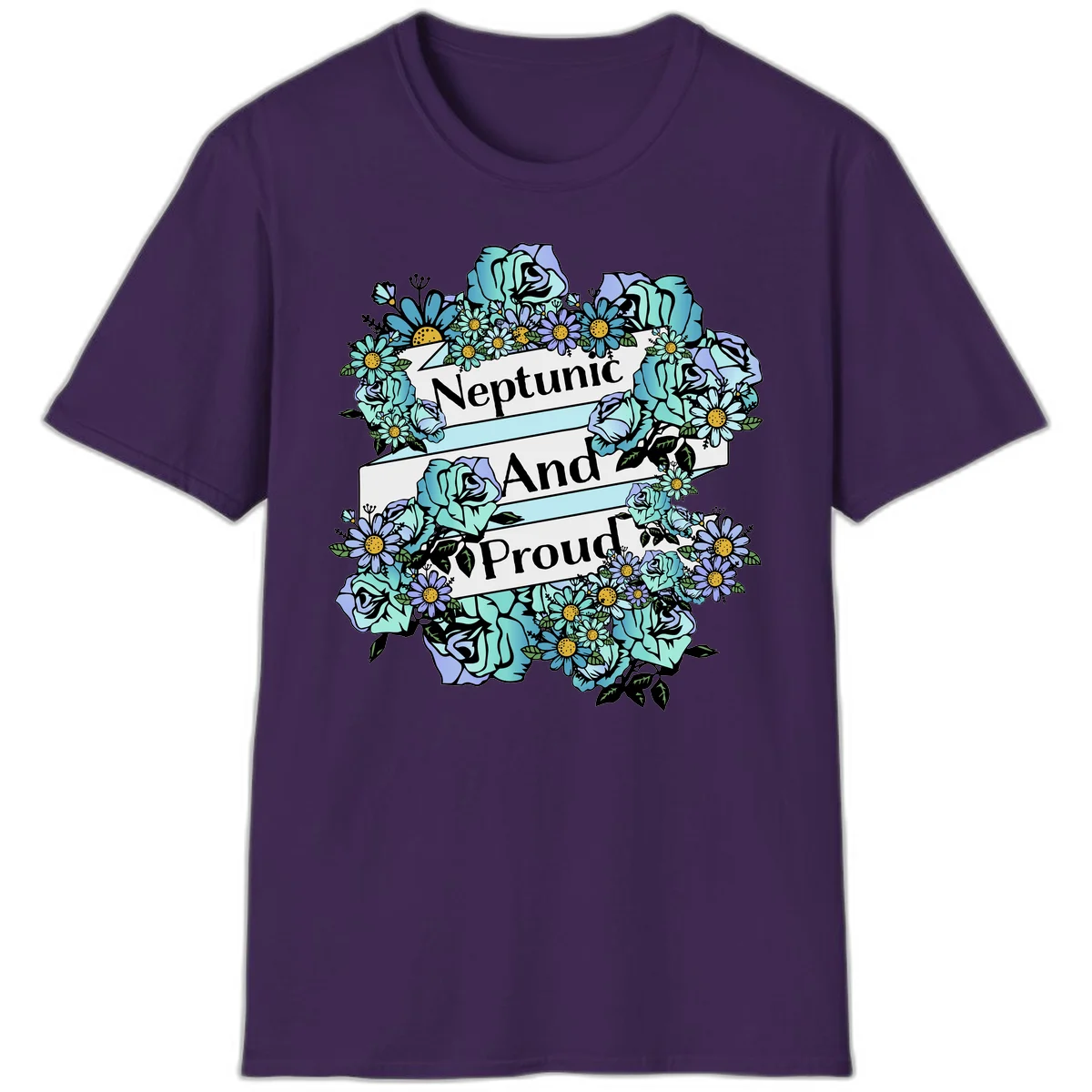 Neptunic pride design: turquoise and purple roses and daisies frame three white ribbons reading 'Neptunic And Proud' in bold text in Purple