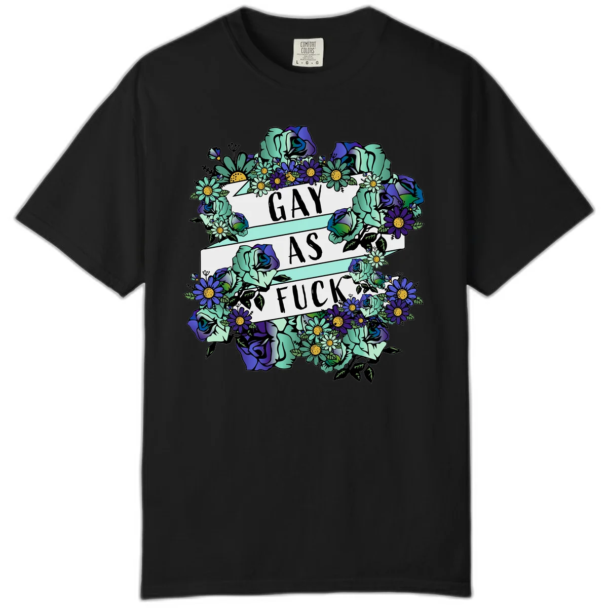 Floral illustration with mint roses and purple daisies surrounding white banners reading 'GAY AS FUCK' in bold text in Black