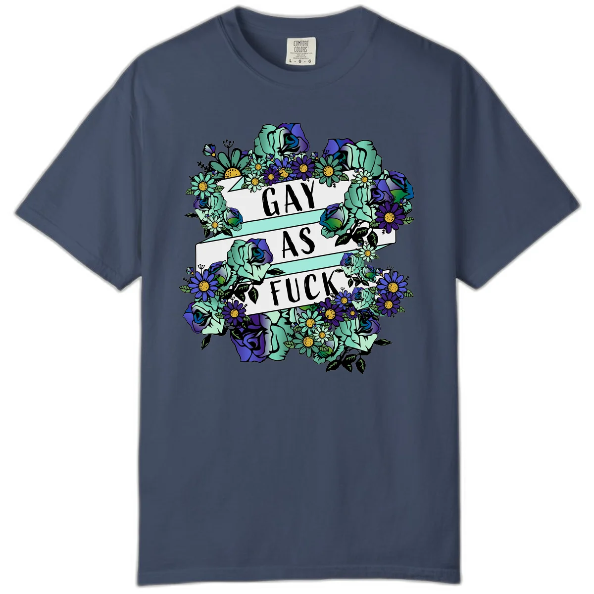 Floral illustration with mint roses and purple daisies surrounding white banners reading 'GAY AS FUCK' in bold text in Midnight