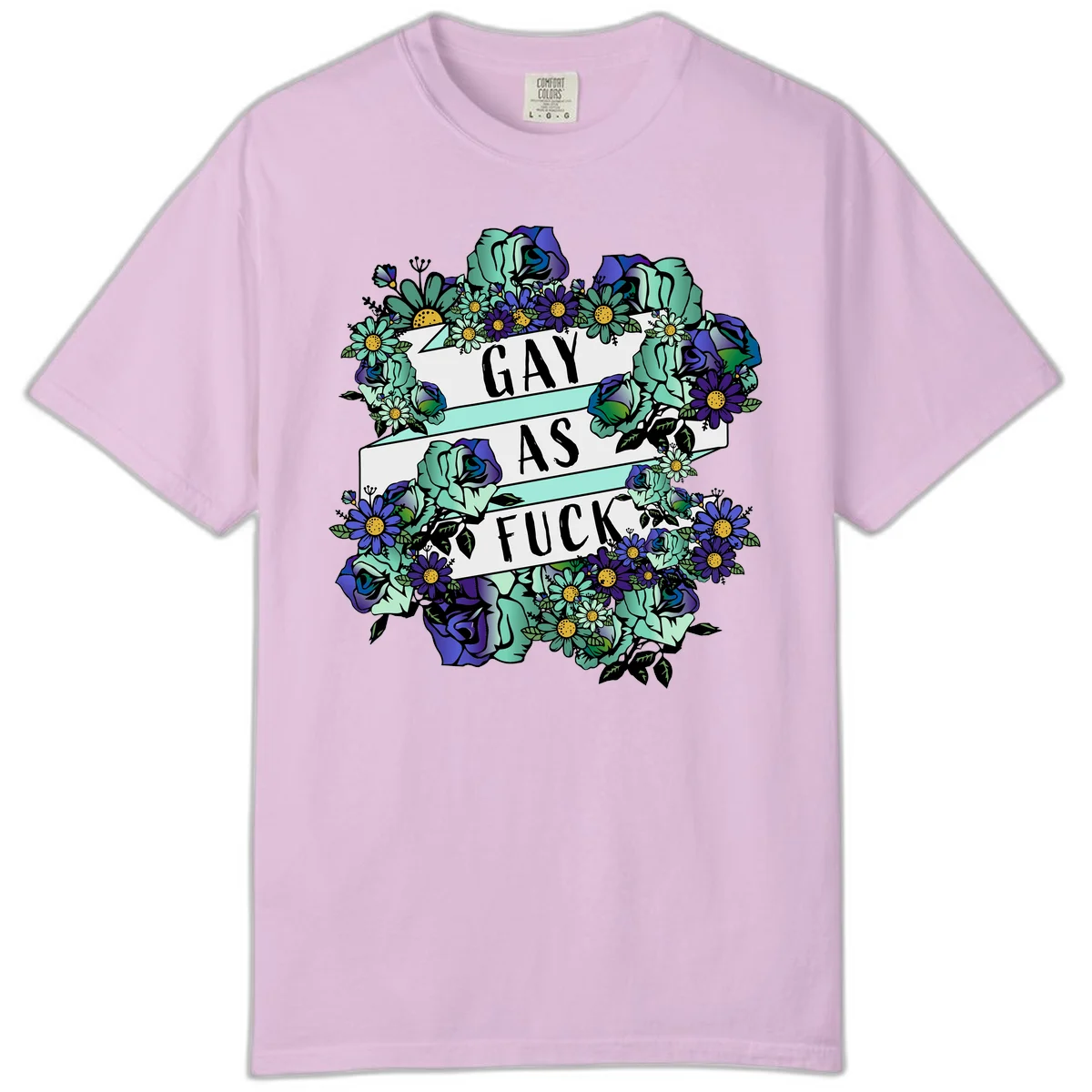 Floral illustration with mint roses and purple daisies surrounding white banners reading 'GAY AS FUCK' in bold text in Orchid