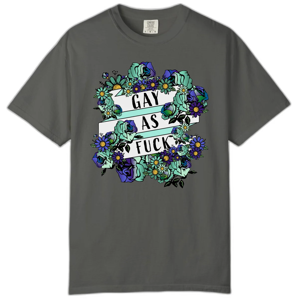 Floral illustration with mint roses and purple daisies surrounding white banners reading 'GAY AS FUCK' in bold text in Pepper