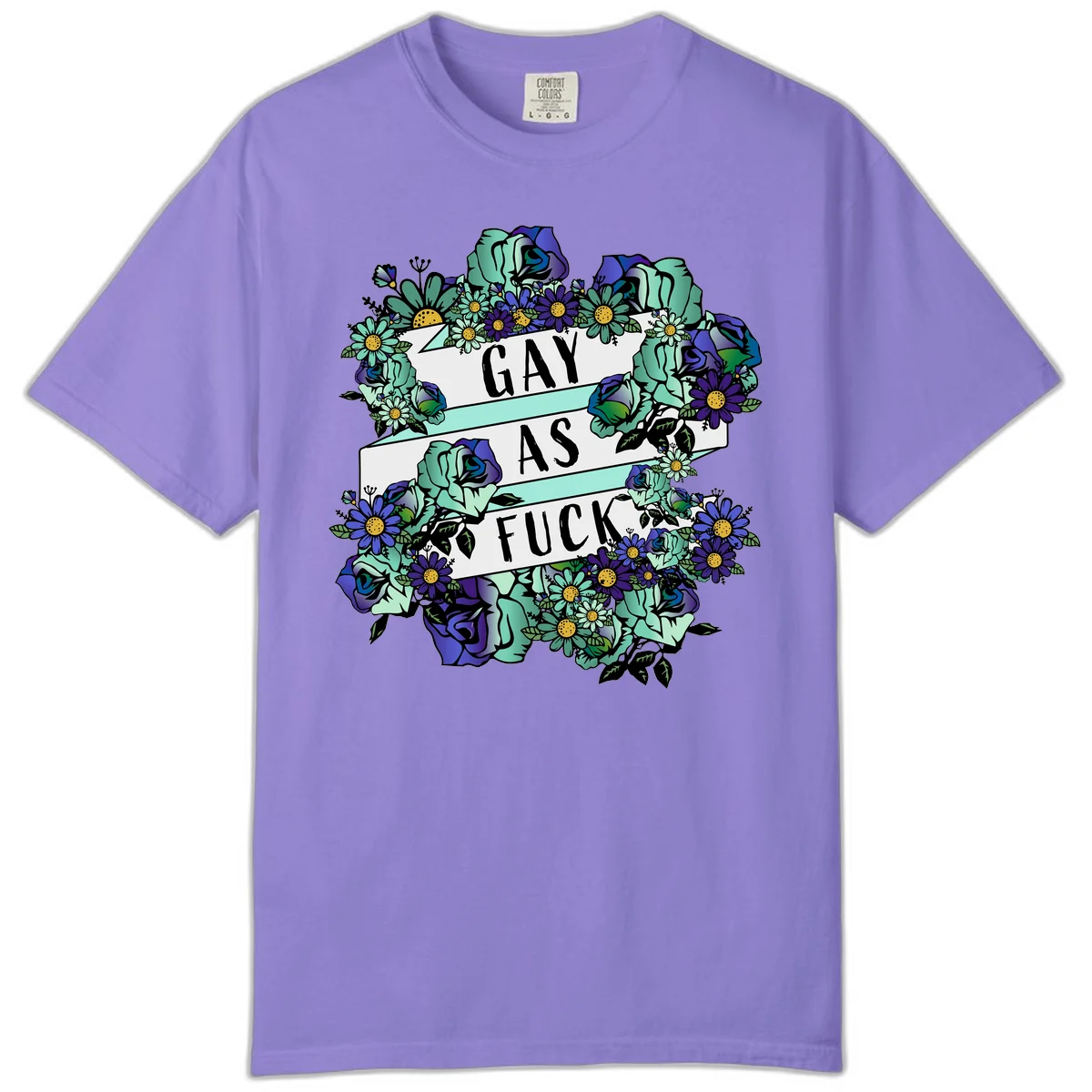 Floral illustration with mint roses and purple daisies surrounding white banners reading 'GAY AS FUCK' in bold text in Violet