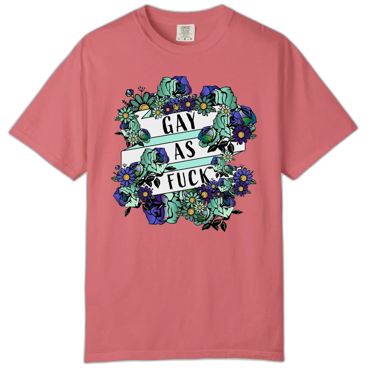 Floral illustration with mint roses and purple daisies surrounding white banners reading 'GAY AS FUCK' in bold text in Watermelon