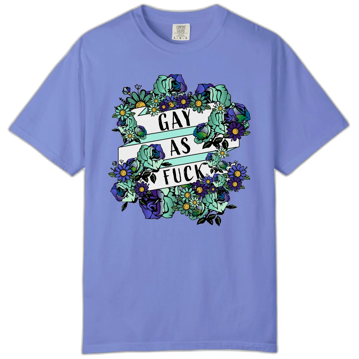 Floral illustration with mint roses and purple daisies surrounding white banners reading 'GAY AS FUCK' in bold text in Flo Blue