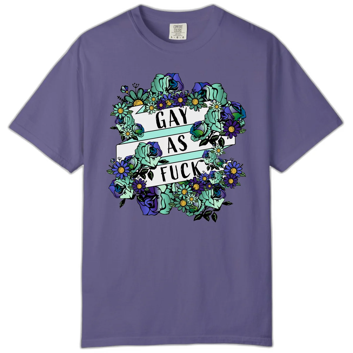 Floral illustration with mint roses and purple daisies surrounding white banners reading 'GAY AS FUCK' in bold text in Grape