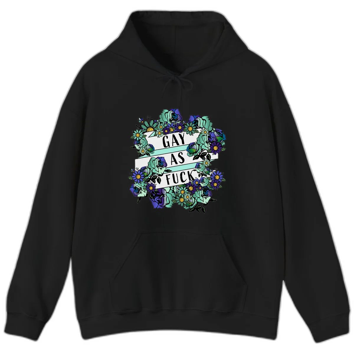 Floral illustration with mint roses and purple daisies surrounding white banners reading 'GAY AS FUCK' in bold text in Black