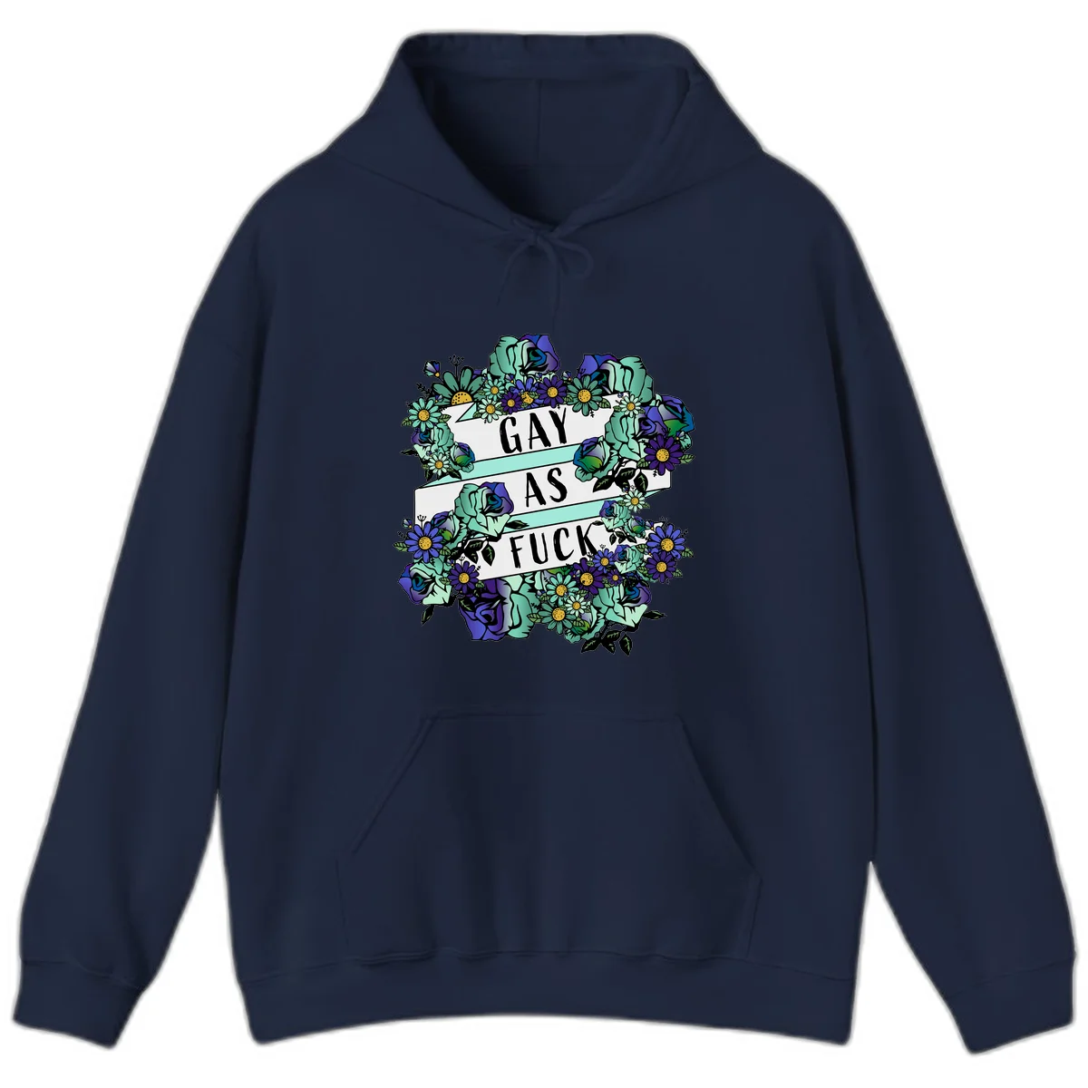 Floral illustration with mint roses and purple daisies surrounding white banners reading 'GAY AS FUCK' in bold text in Navy