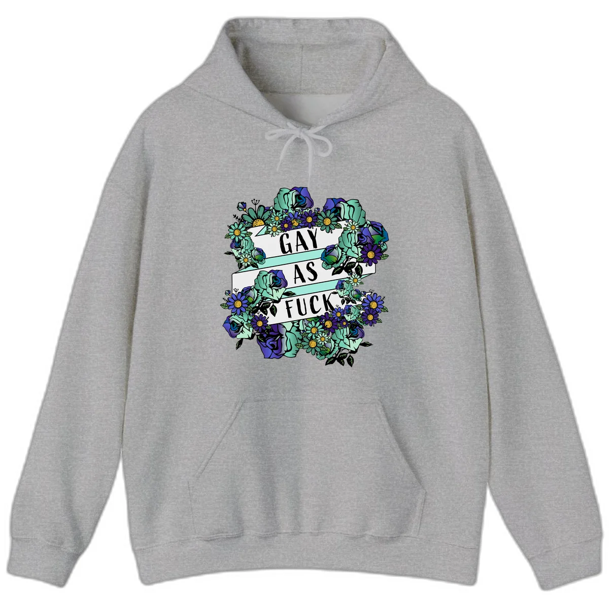 Floral illustration with mint roses and purple daisies surrounding white banners reading 'GAY AS FUCK' in bold text in Sport Grey