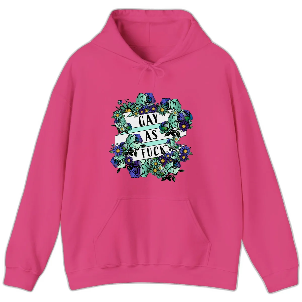 Floral illustration with mint roses and purple daisies surrounding white banners reading 'GAY AS FUCK' in bold text in Heliconia