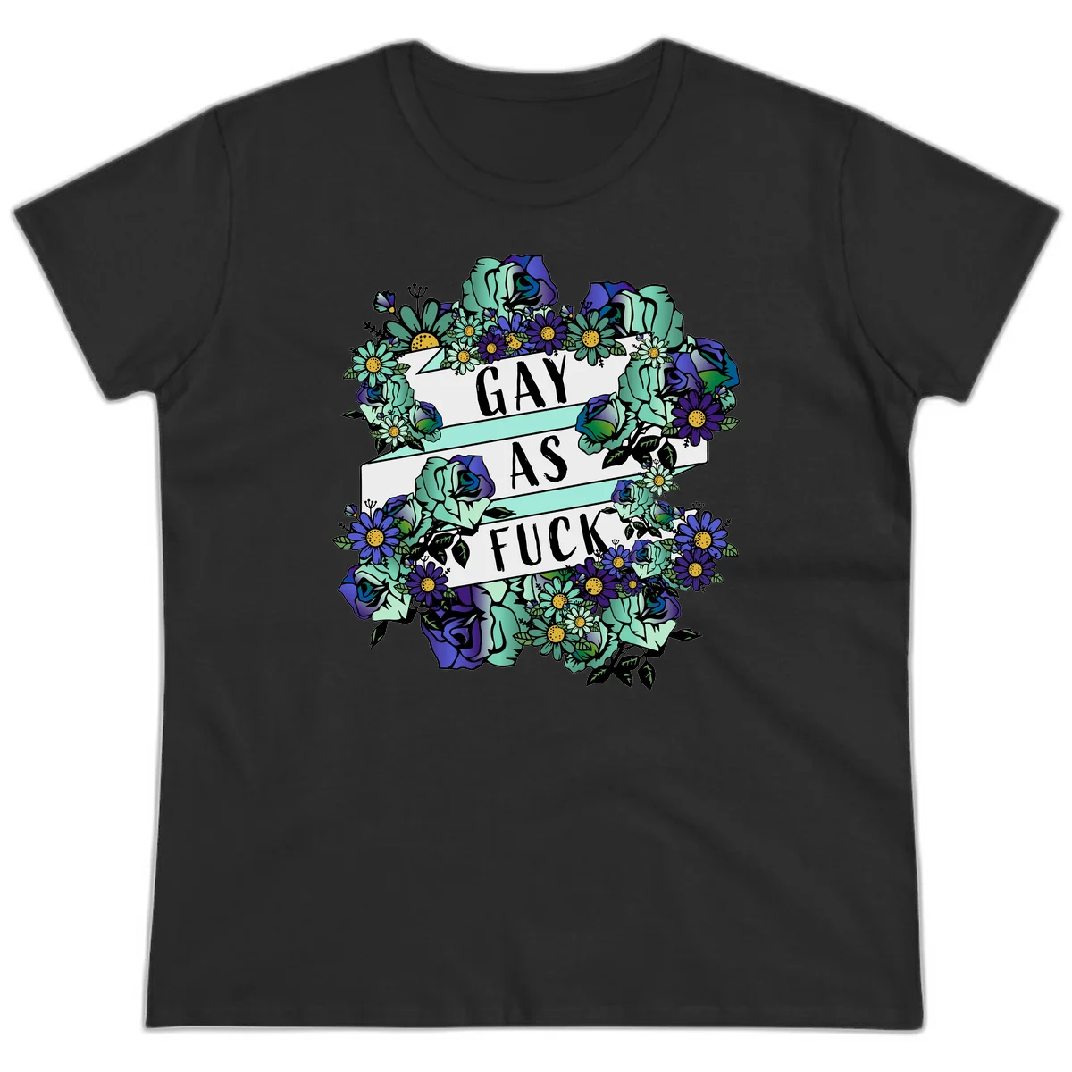 Floral illustration with mint roses and purple daisies surrounding white banners reading 'GAY AS FUCK' in bold text in Black