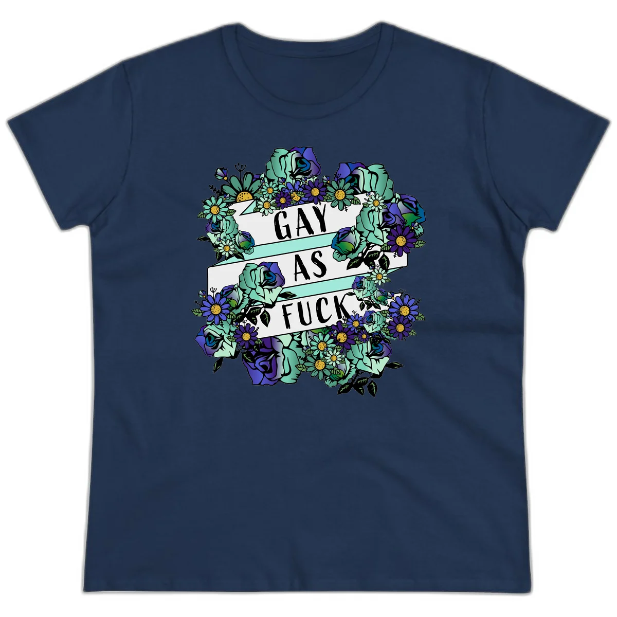 Floral illustration with mint roses and purple daisies surrounding white banners reading 'GAY AS FUCK' in bold text in Navy
