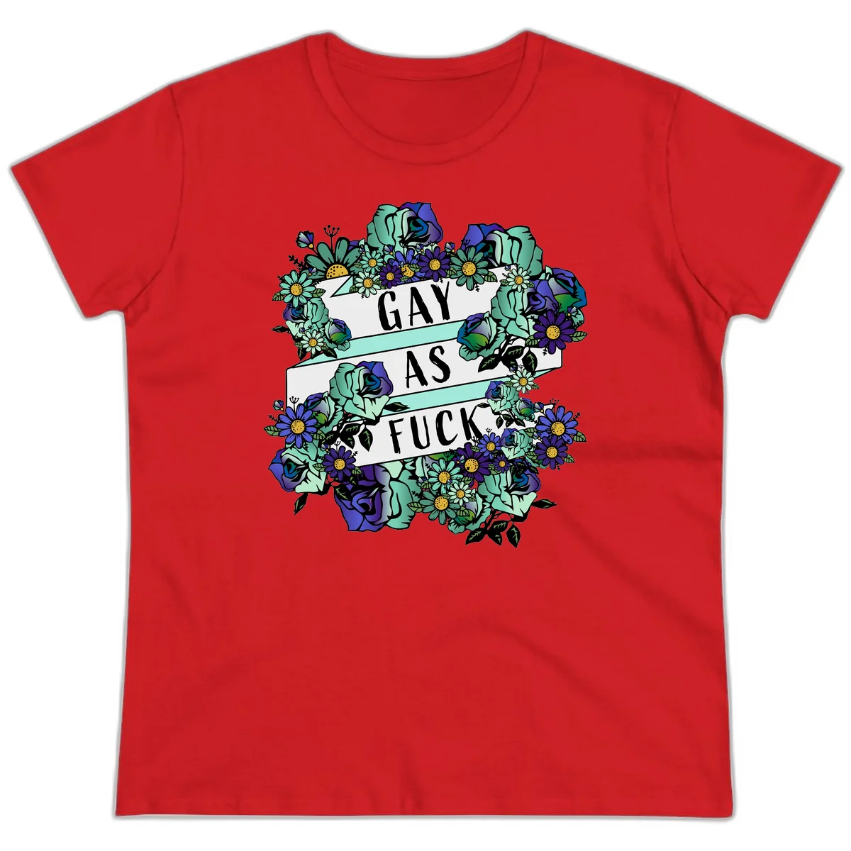 Floral illustration with mint roses and purple daisies surrounding white banners reading 'GAY AS FUCK' in bold text in Red