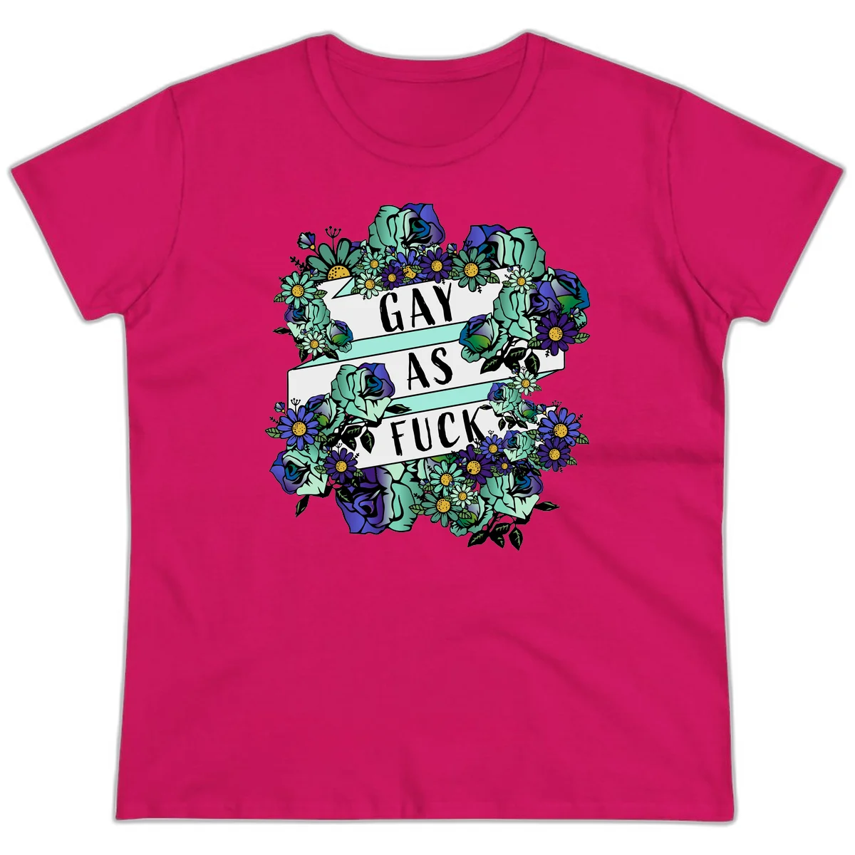 Floral illustration with mint roses and purple daisies surrounding white banners reading 'GAY AS FUCK' in bold text in Heliconia