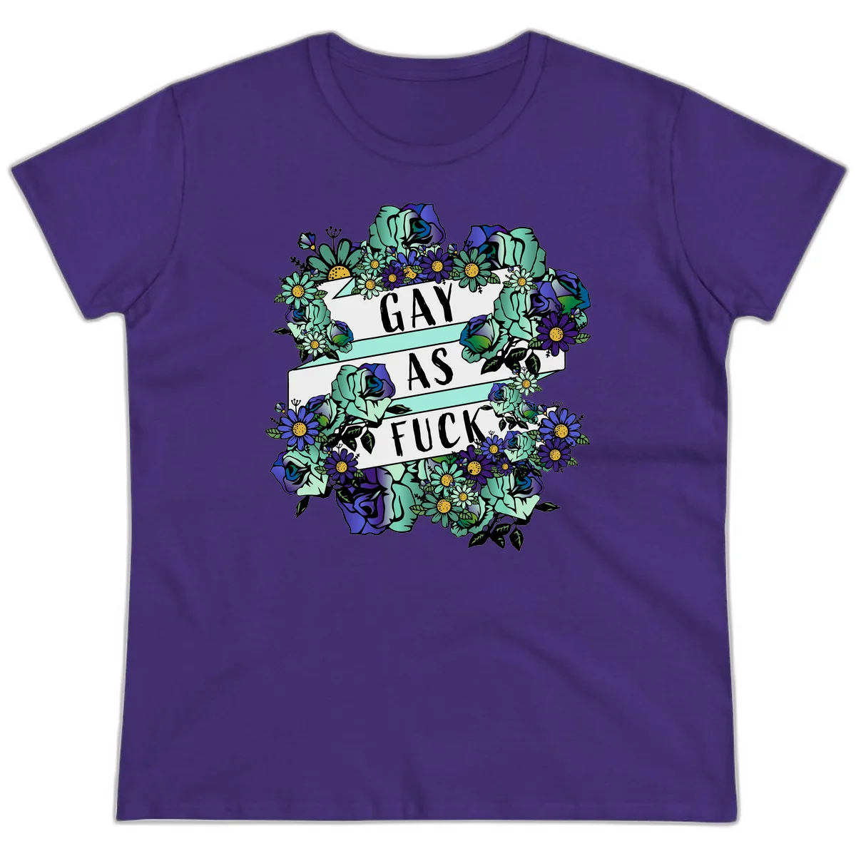 Floral illustration with mint roses and purple daisies surrounding white banners reading 'GAY AS FUCK' in bold text in Purple