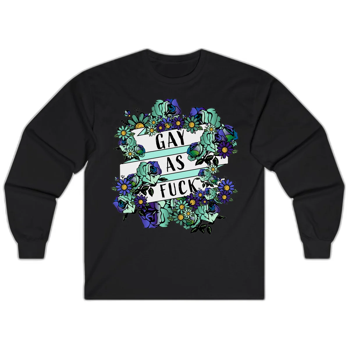 Floral illustration with mint roses and purple daisies surrounding white banners reading 'GAY AS FUCK' in bold text in Black