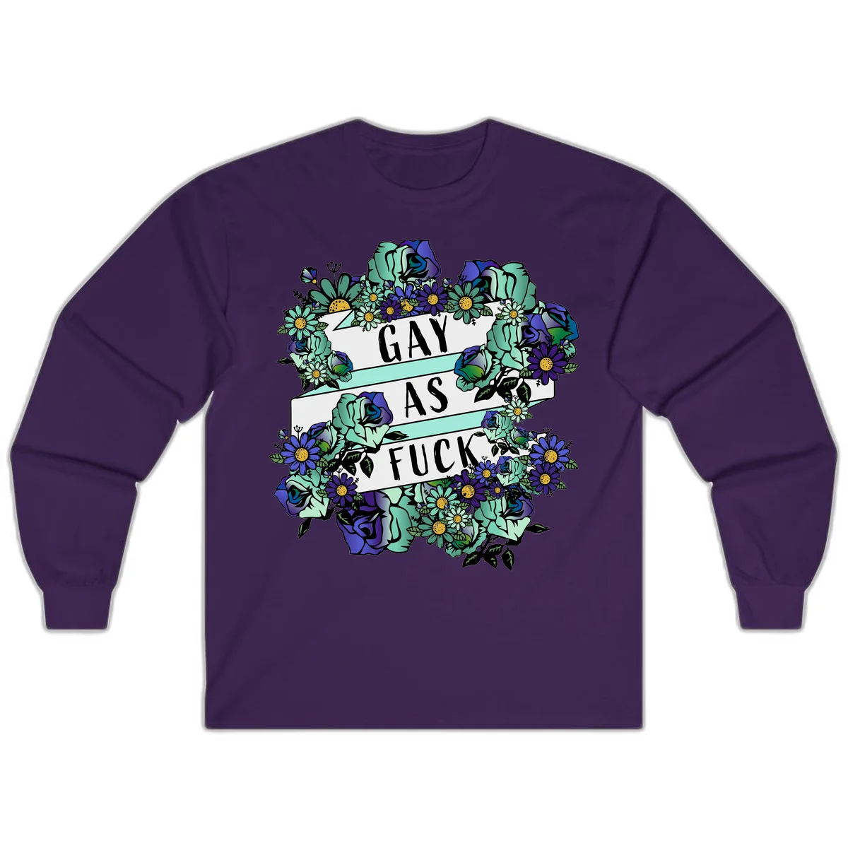 Floral illustration with mint roses and purple daisies surrounding white banners reading 'GAY AS FUCK' in bold text in Purple