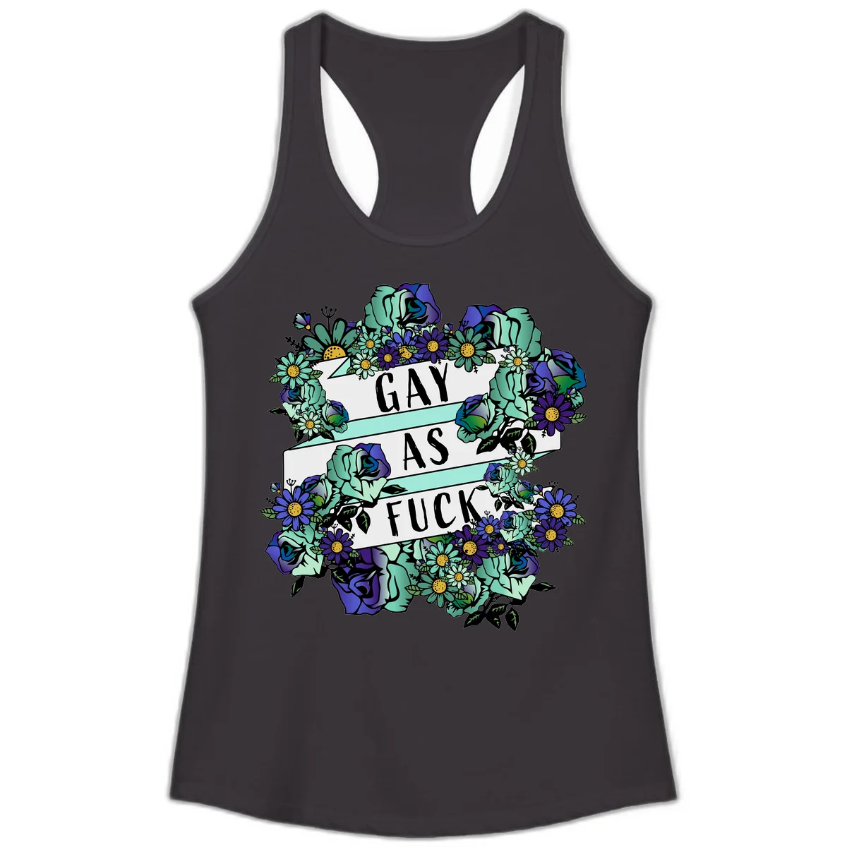 Floral illustration with mint roses and purple daisies surrounding white banners reading 'GAY AS FUCK' in bold text in Black