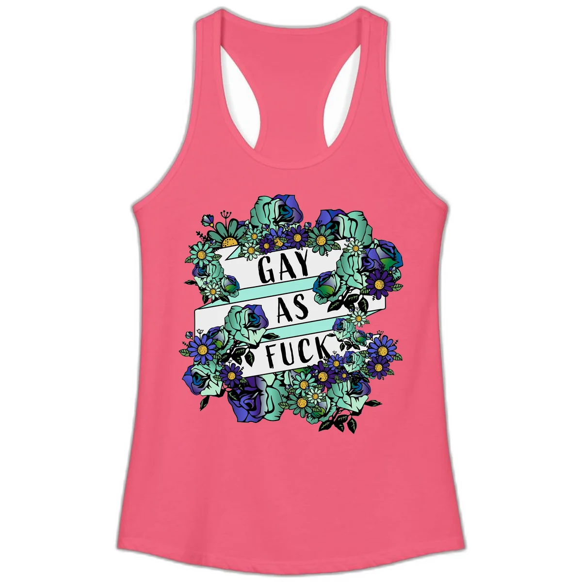 Floral illustration with mint roses and purple daisies surrounding white banners reading 'GAY AS FUCK' in bold text in Hot Pink