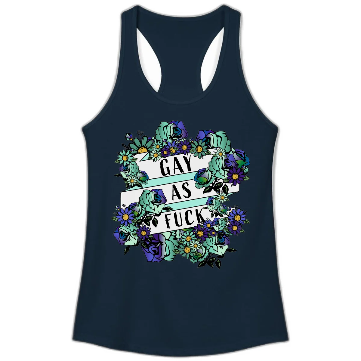 Floral illustration with mint roses and purple daisies surrounding white banners reading 'GAY AS FUCK' in bold text in Solid Midnight Navy