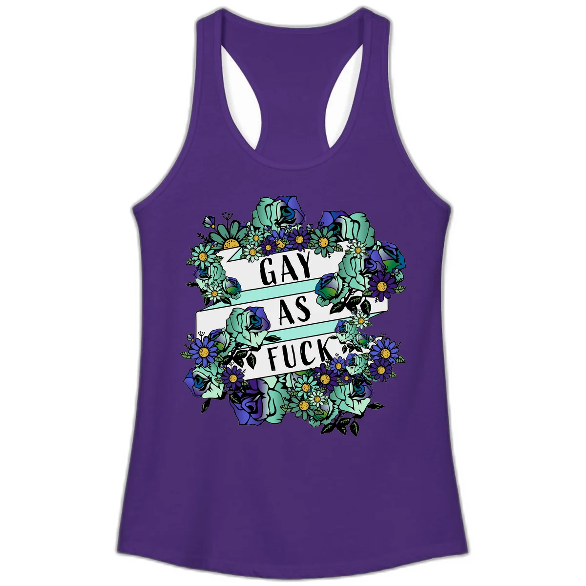 Floral illustration with mint roses and purple daisies surrounding white banners reading 'GAY AS FUCK' in bold text in Solid Purple Rush