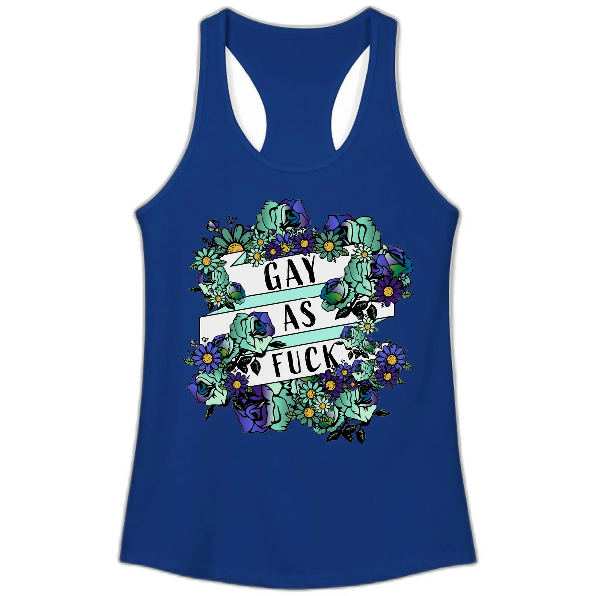 Floral illustration with mint roses and purple daisies surrounding white banners reading 'GAY AS FUCK' in bold text in Solid Royal