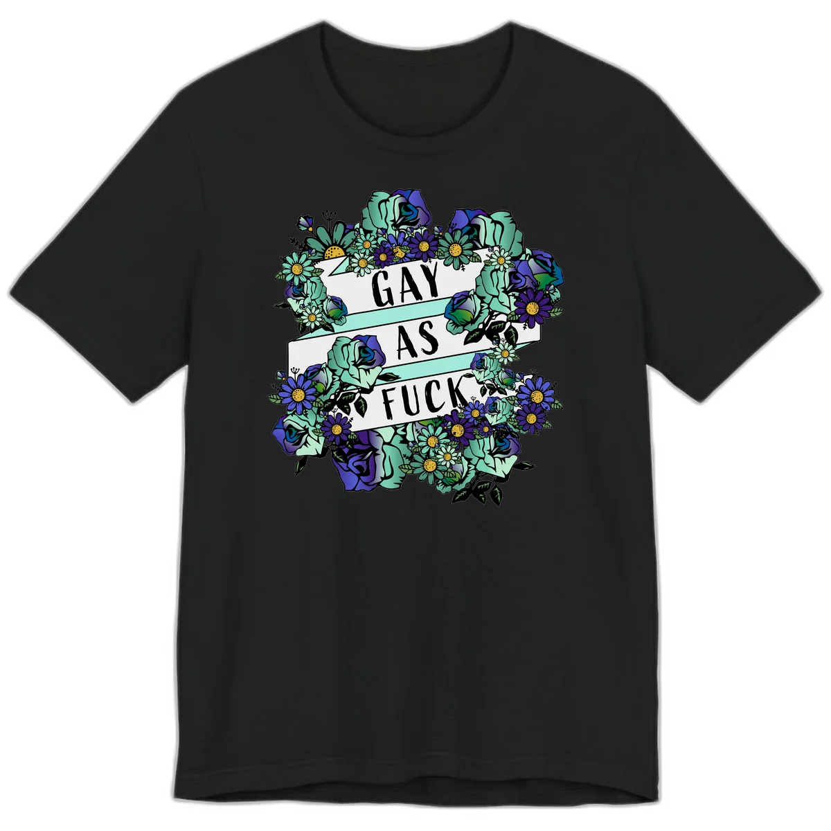 Floral illustration with mint roses and purple daisies surrounding white banners reading 'GAY AS FUCK' in bold text in Black