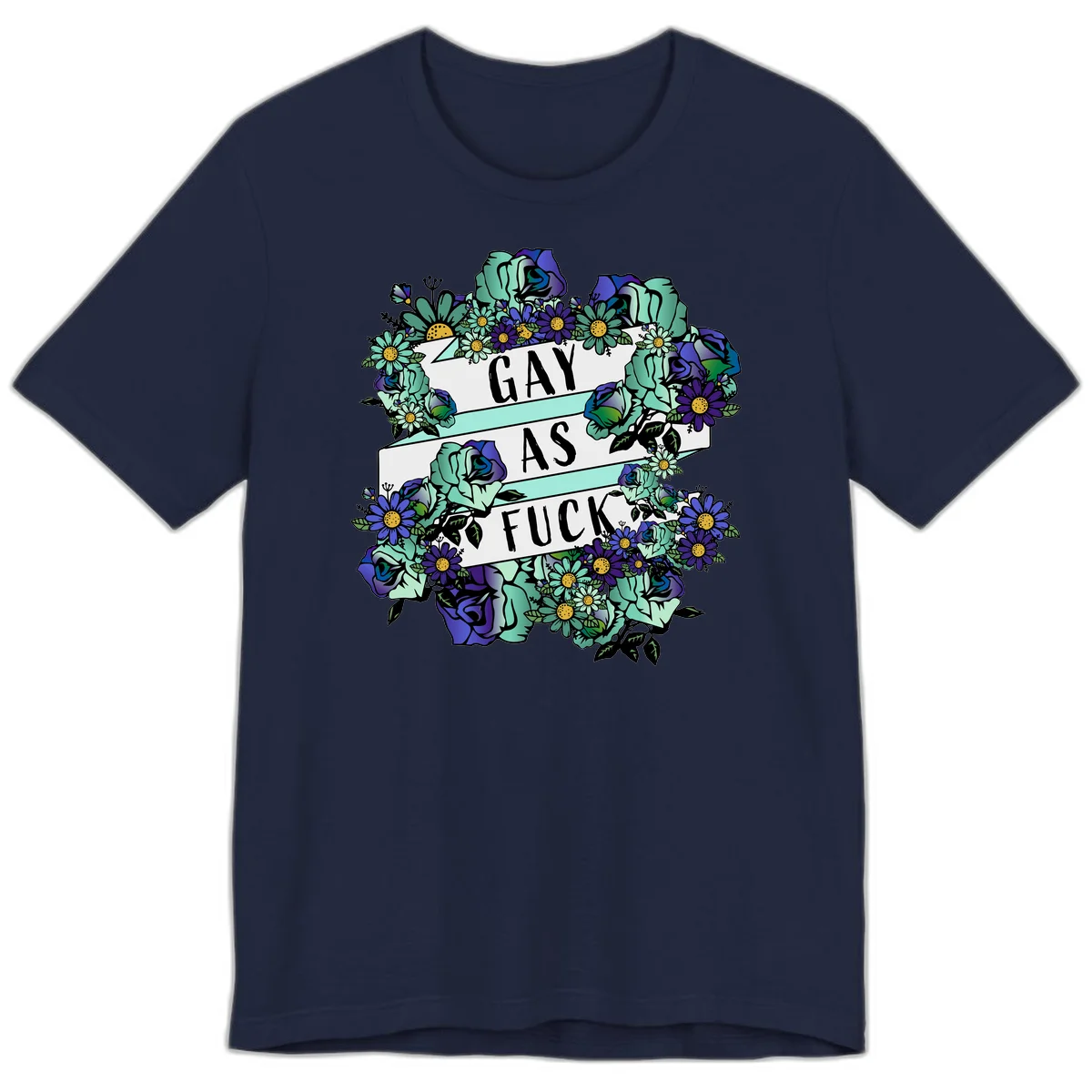Floral illustration with mint roses and purple daisies surrounding white banners reading 'GAY AS FUCK' in bold text in Navy