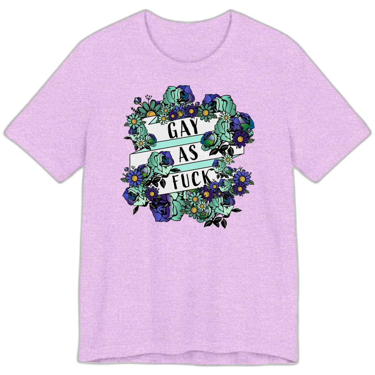 Floral illustration with mint roses and purple daisies surrounding white banners reading 'GAY AS FUCK' in bold text in Heather Prism Lilac