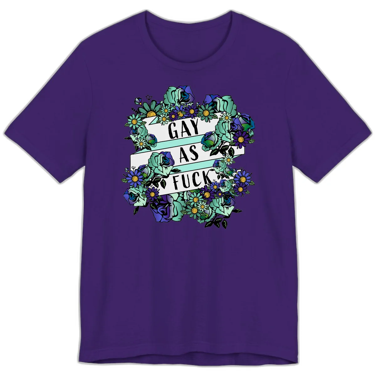 Floral illustration with mint roses and purple daisies surrounding white banners reading 'GAY AS FUCK' in bold text in Team Purple