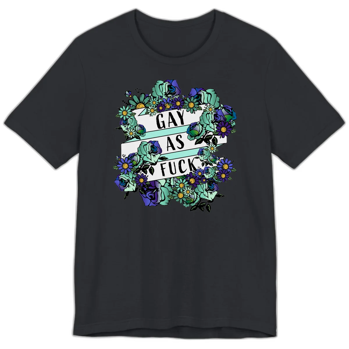 Floral illustration with mint roses and purple daisies surrounding white banners reading 'GAY AS FUCK' in bold text in Vintage Black
