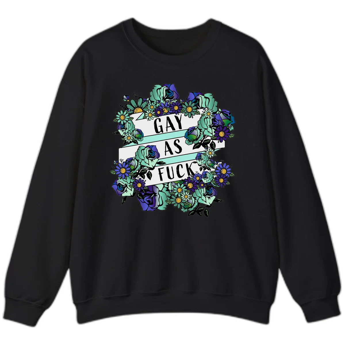 Floral illustration with mint roses and purple daisies surrounding white banners reading 'GAY AS FUCK' in bold text in Black