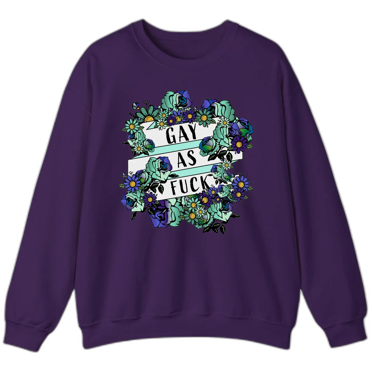 Floral illustration with mint roses and purple daisies surrounding white banners reading 'GAY AS FUCK' in bold text in Purple